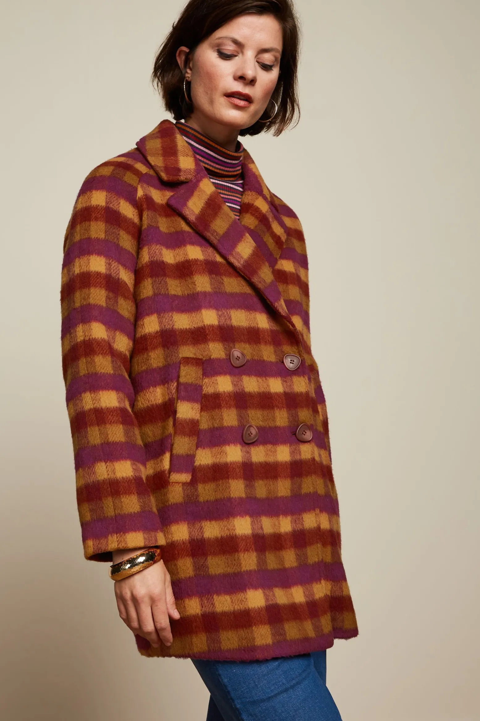 King Louie Jassen & Blazers|Amelie Coat Wylde Check Pecan Brown