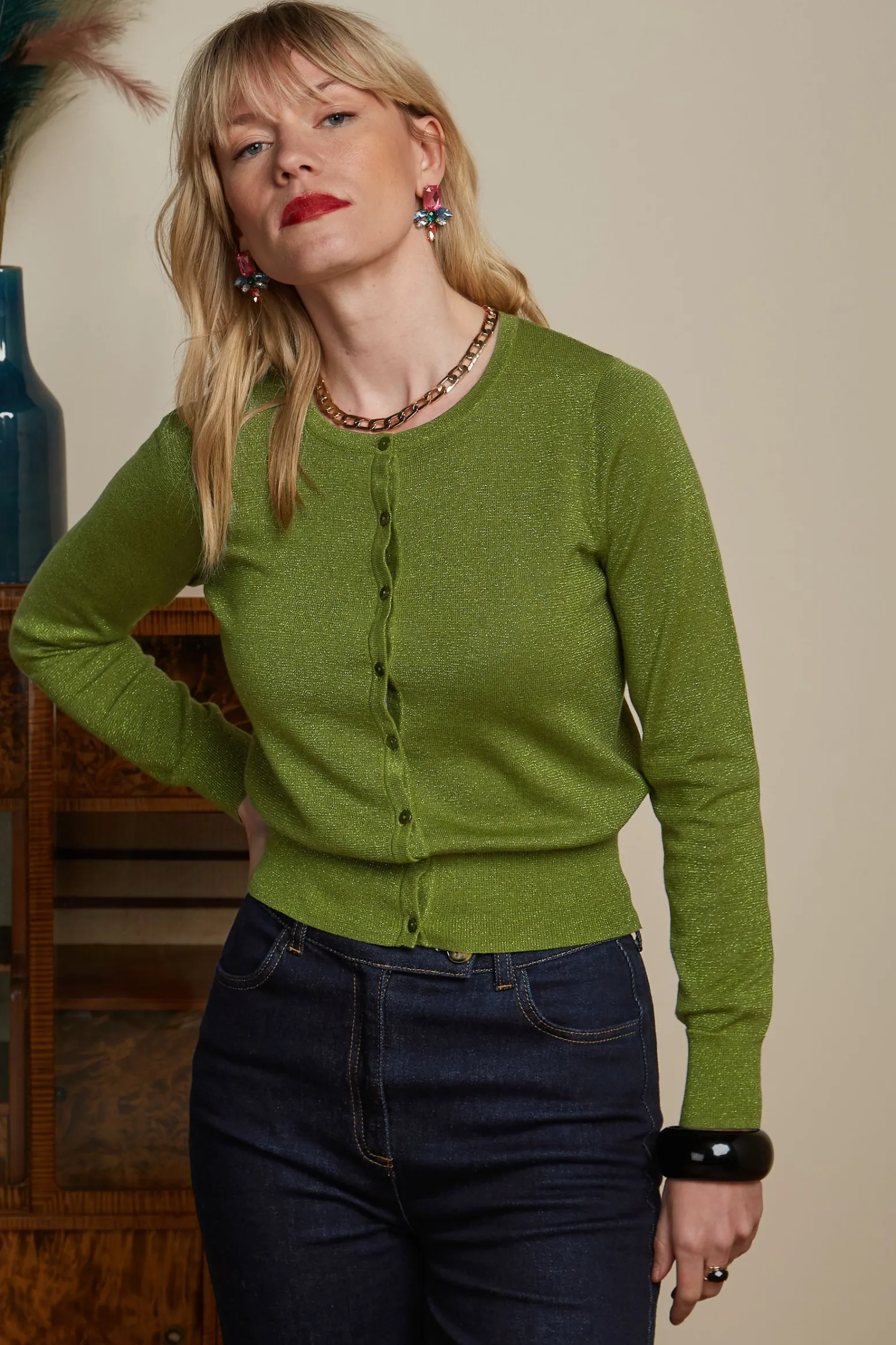 King Louie Vesten|Cardi Roundneck Lapis Woodbine Green