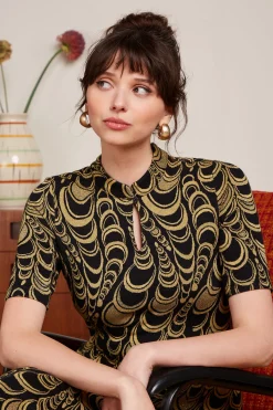 King Louie Jurken|Chinese Midi Dress Bobbin Jacquard Black
