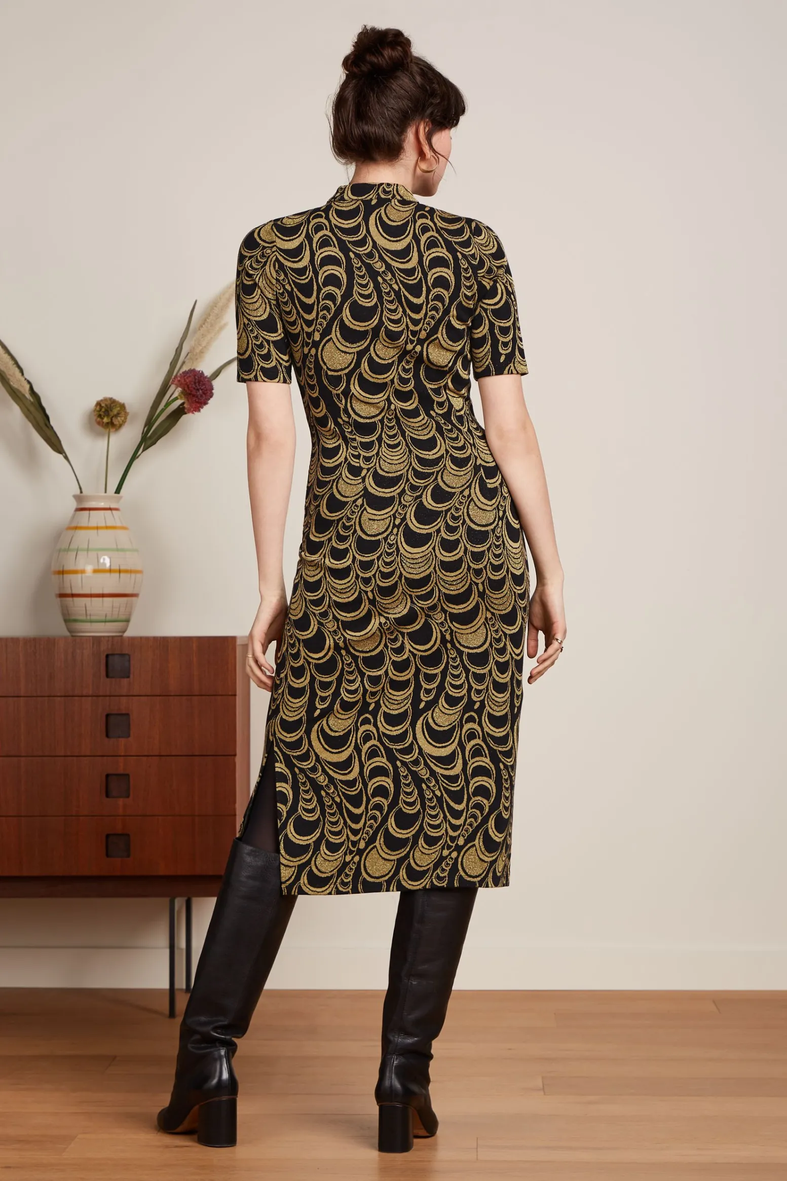King Louie Jurken|Chinese Midi Dress Bobbin Jacquard Black