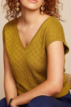 King Louie Tops & Shirts|Deep V Top Heart Ajour Curry Yellow