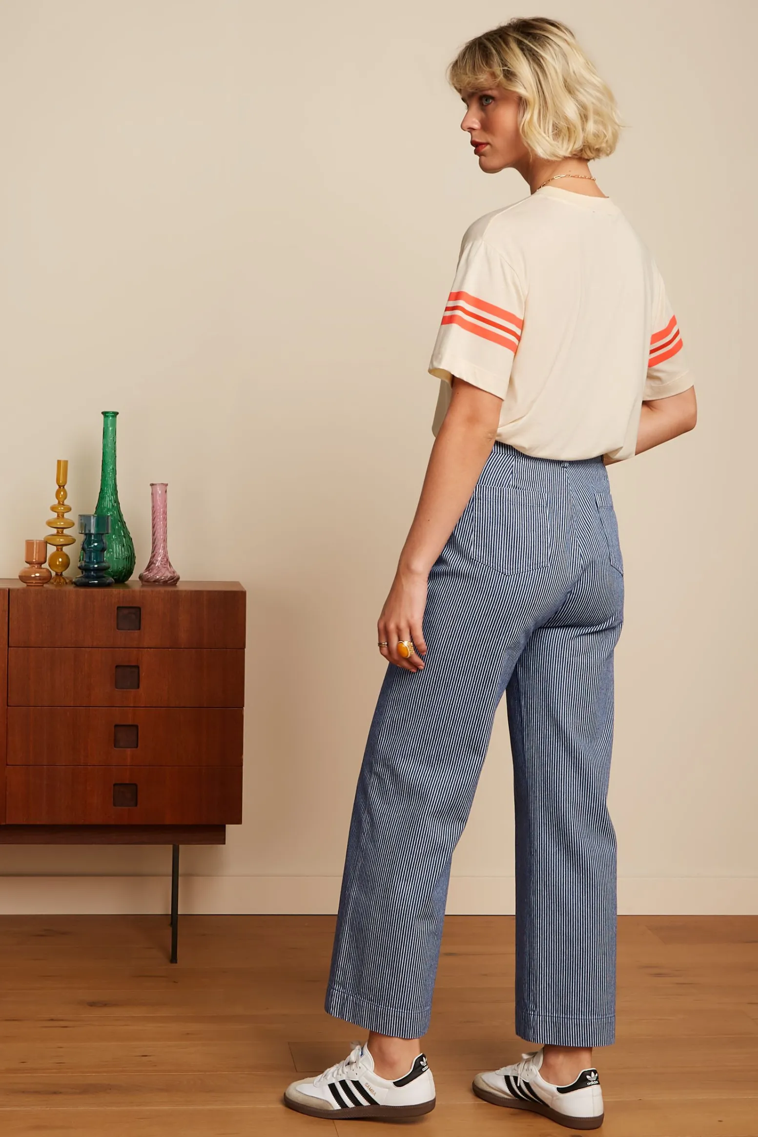 King Louie Broeken|High Waist Pocket Pants Osei Stripe Denim Blue