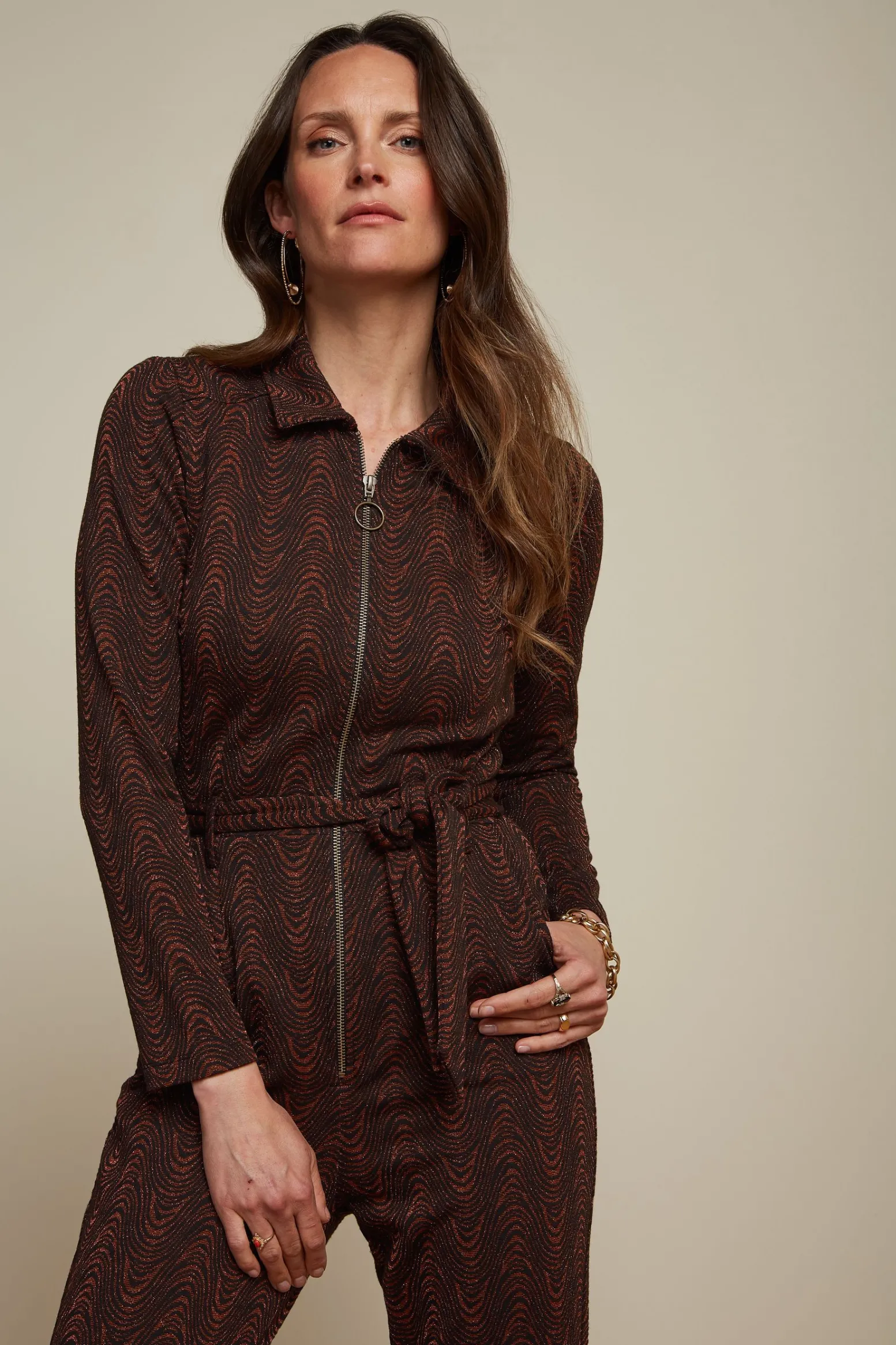 King Louie Jumpsuits|Macy Flared Jumpsuit Tempest Cognac Orange
