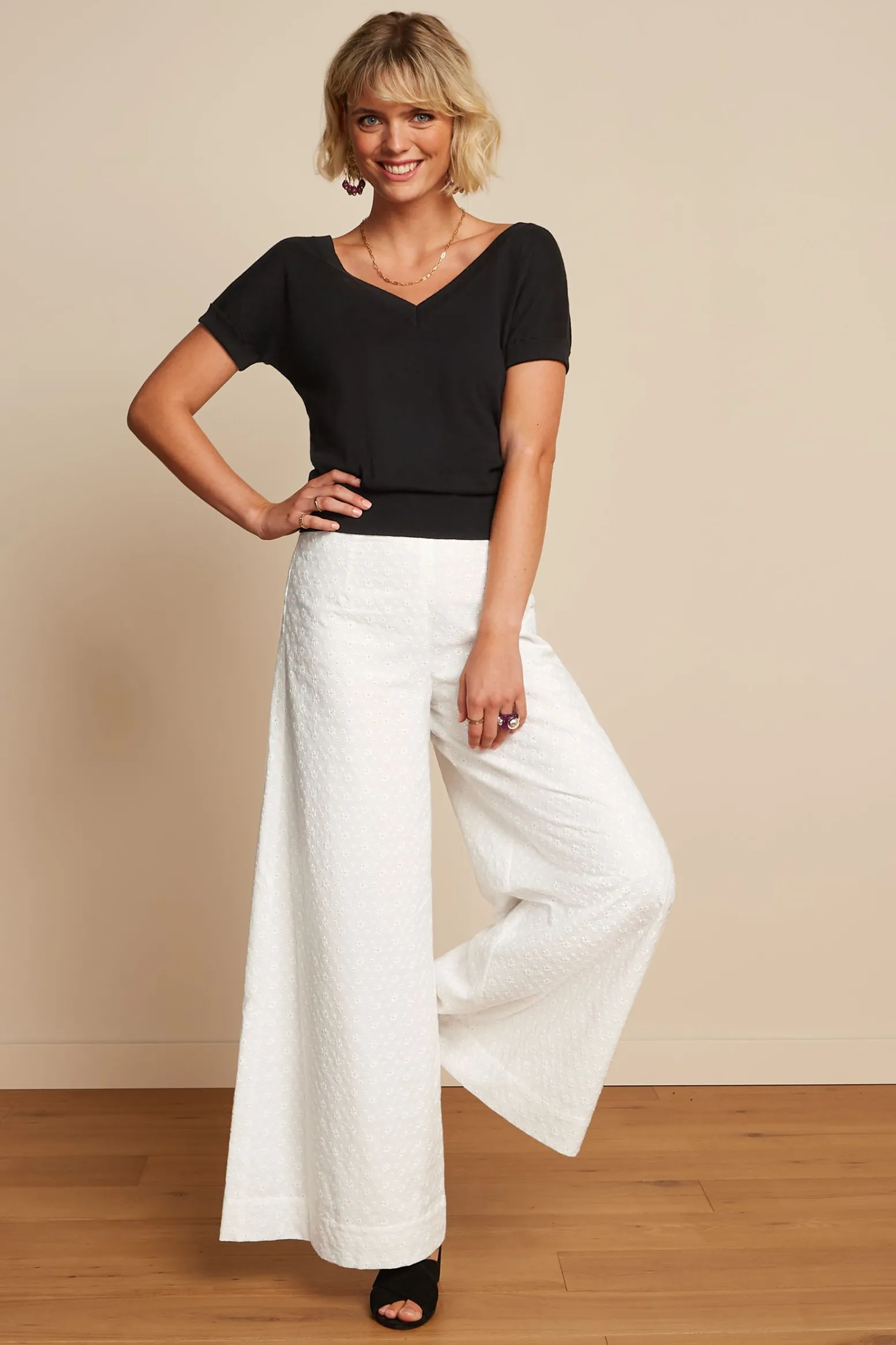 King Louie Broeken|Palazzo Pants Rosa Broderie Anglaise White